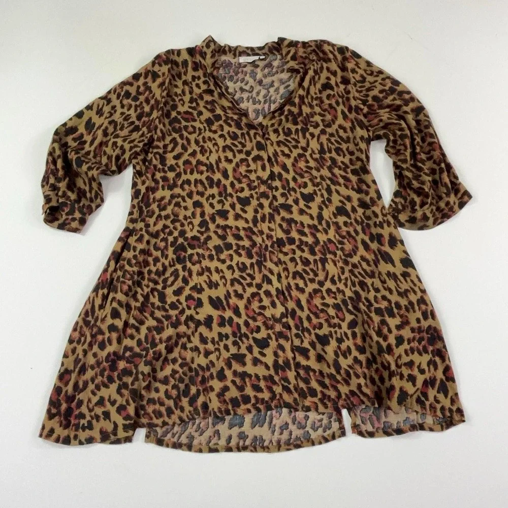 Masai Dress Womens M Brown Animal Print V-Neck 3/4 Sleeve Swing Hi-Low Trapeze